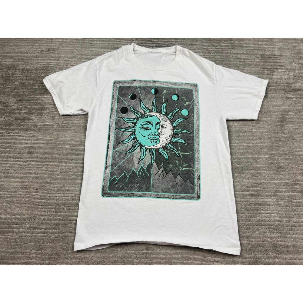Unbranded Graphic T-Shirt Unisex S White Sun Moon Celestial Mountain Distressed